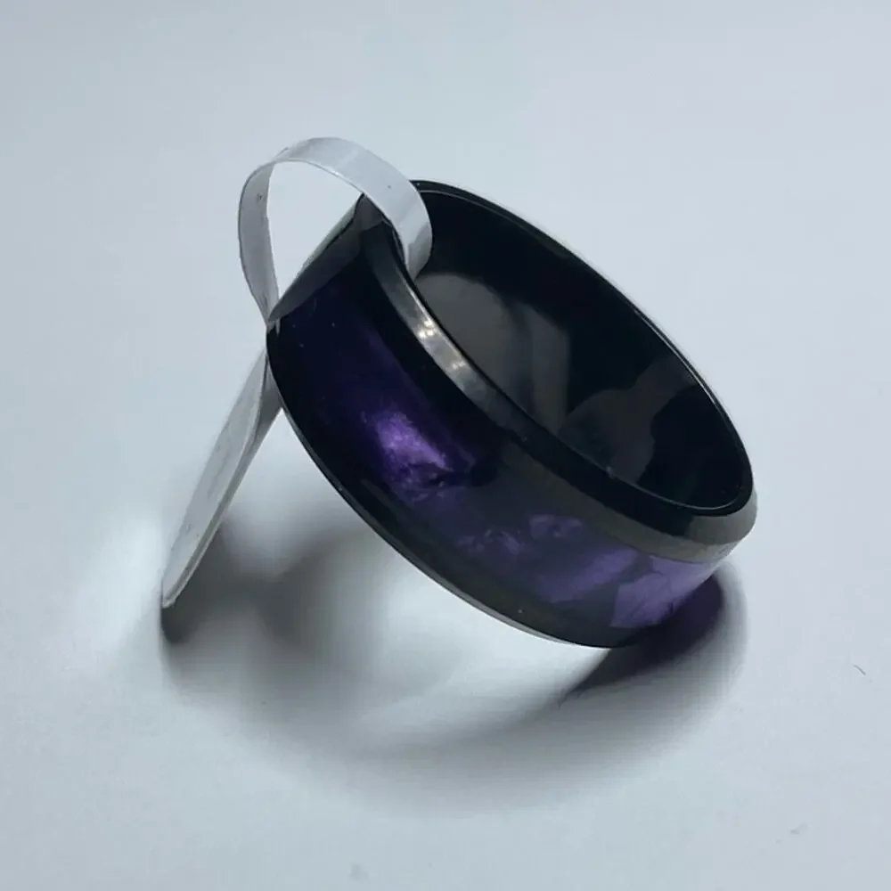 8mm Black Tungsten With Synthetic Purple Tiger Cowrie Inlay Band Ring Size 8